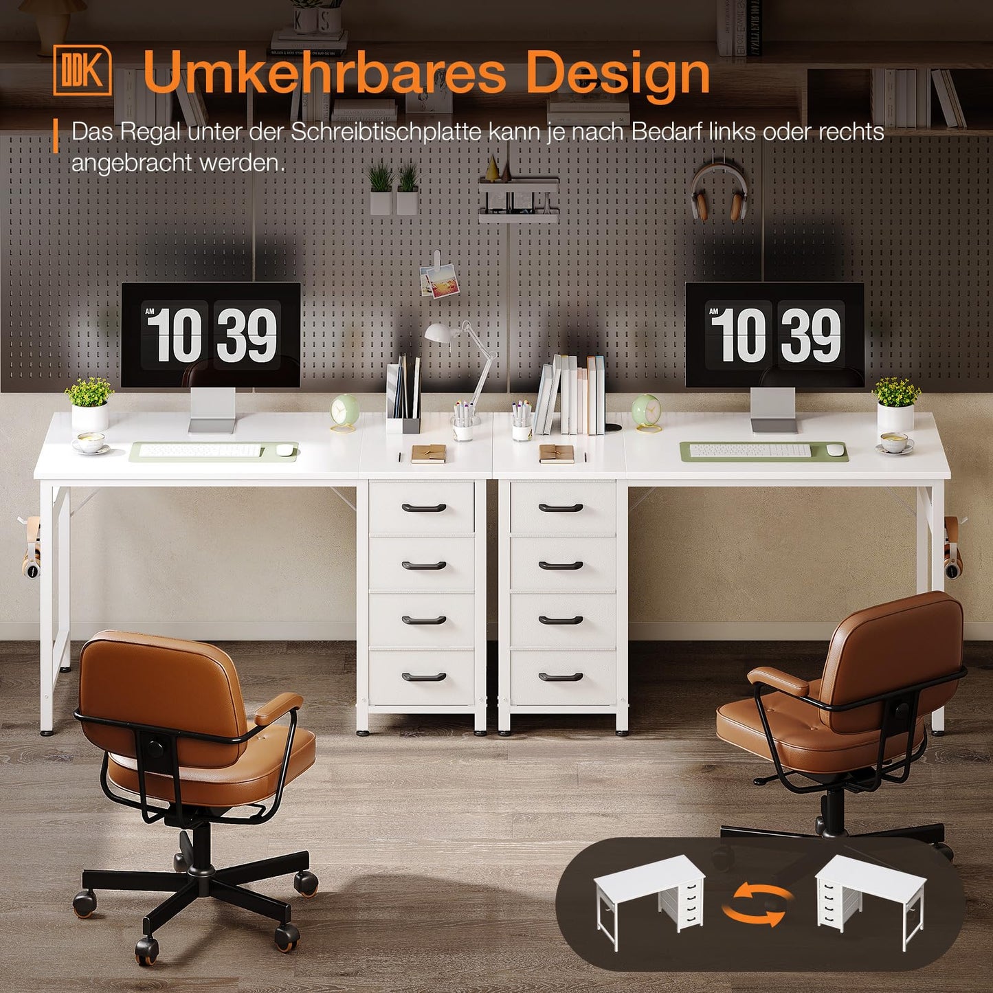 ODK Desk with 4 Drawers, 120 x 48 x 75.7 cm, Computer Desk with Headphone Holder, PC Table, Reversible Office Table, Wood for Home Office, White