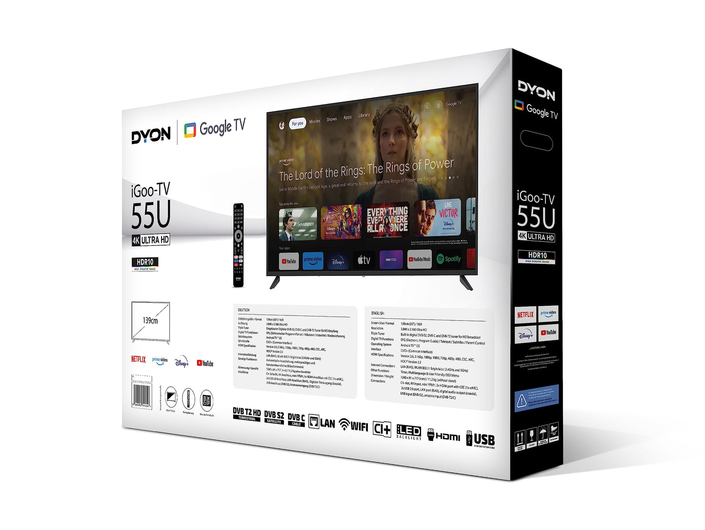 DYON iGoo-TV 50U-2 - 50 Inch (126 cm) 4K Ultra HD Smart TV with Google TV, HDR10, Triple Tuner (DVB-S2/C/T2), WiFi, Bluetooth, Google Assistant, Netflix, Prime Video, [2025 Model]