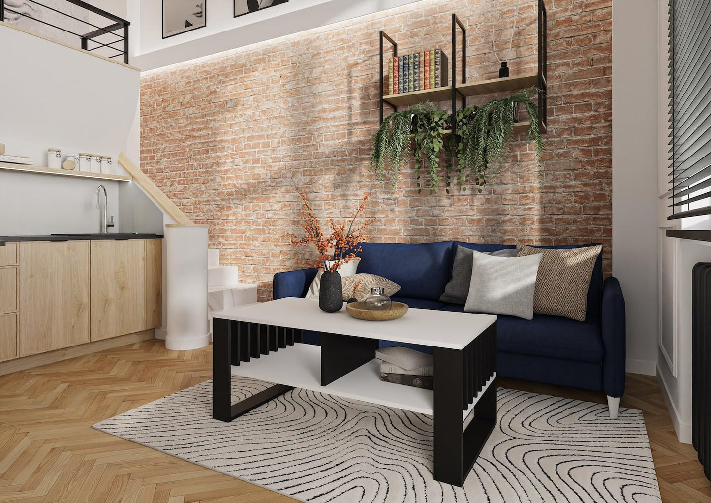 Meble Pitus Coffee Table White - Modern Living Room Table 90 x 50 x 50 cm with Storage Space & Slat Design