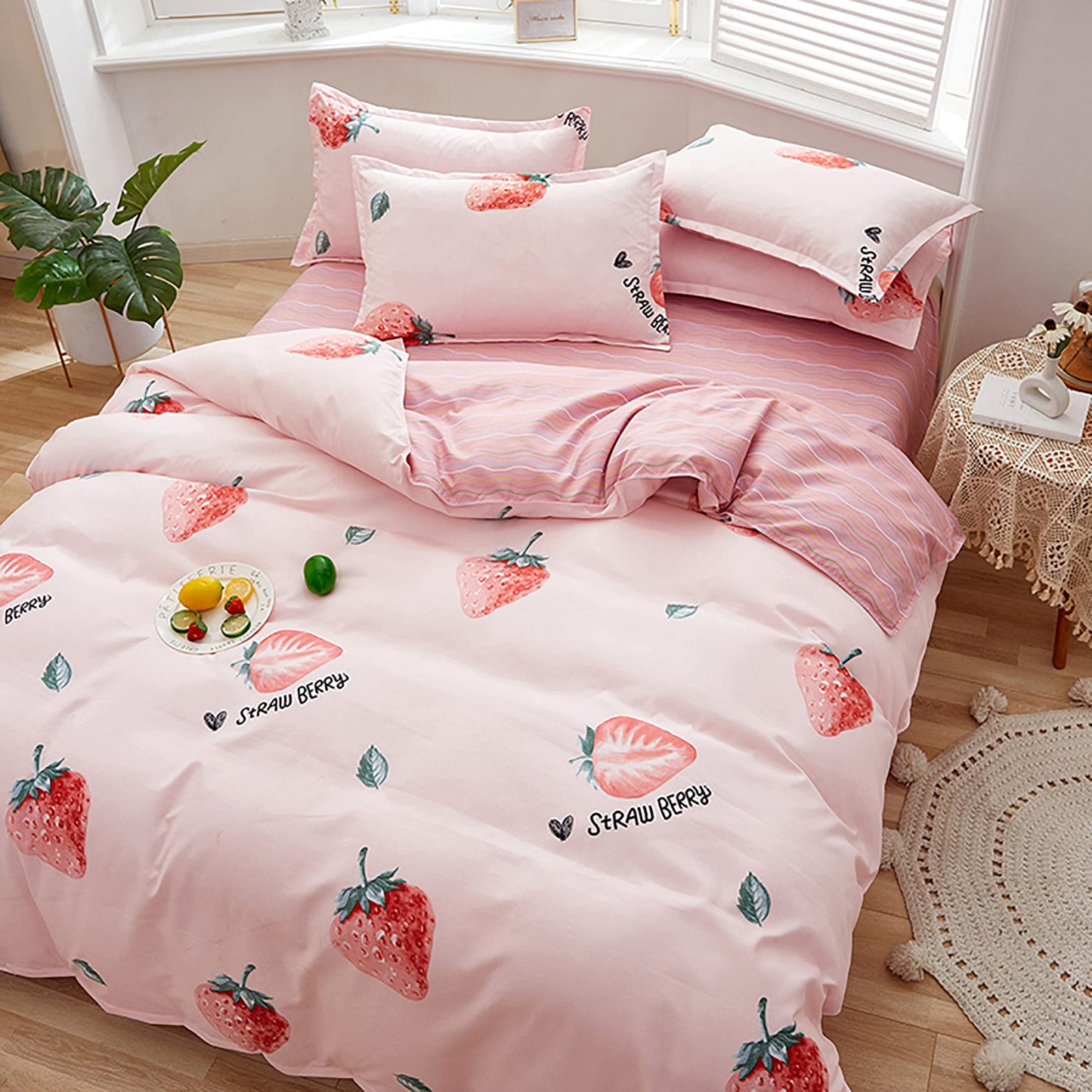 GETIYA Cartoon Hearts Bed Linen, 135 x 200 cm, Girls'/Women’s/Children’s Bed Linen, Pink Hearts Pattern, Duvet Cover, Microfibre, Duvet Cover, Light Pink, with Zip and Pillowcase, 80 x 80 cm