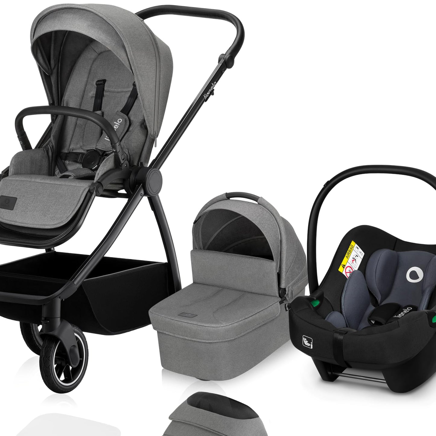 LIONELO Meril 3-in-1 Multifunctional Pushchair, 0-48 Months, Up to 22 kg, Baby Carrycot up to 9 kg, Child Seat up to 13 kg, 360° Off-Road Wheels, Full Suspension, XXL Hood with UPF50+