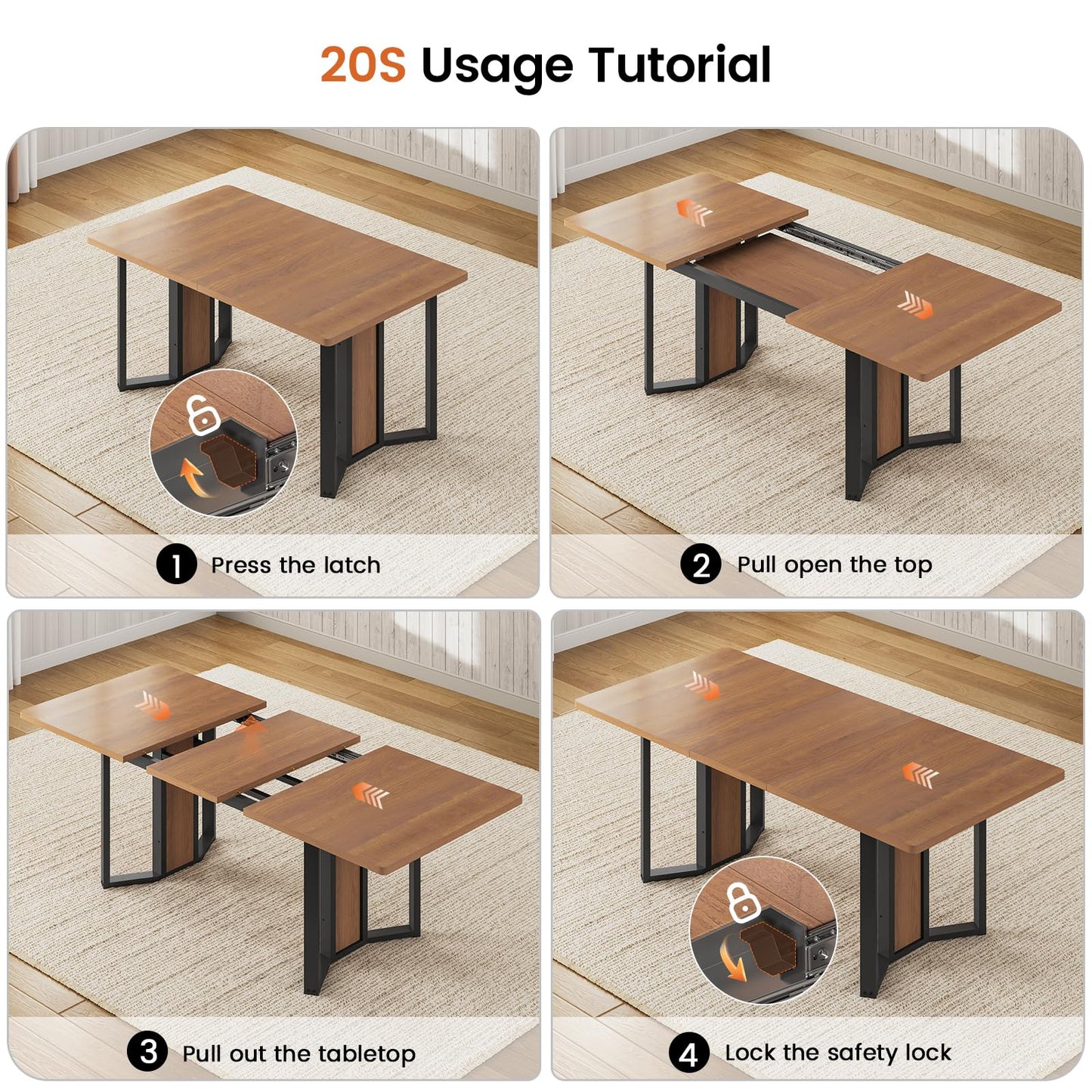 Itaar 5-Piece Dining Table Set for 4-6 People, 63" Extendable Kitchen Table and 4 Cushion Chairs, Dining Room Table with MDF Board & Metal Frame for Small Space, Easy Clean, Brown