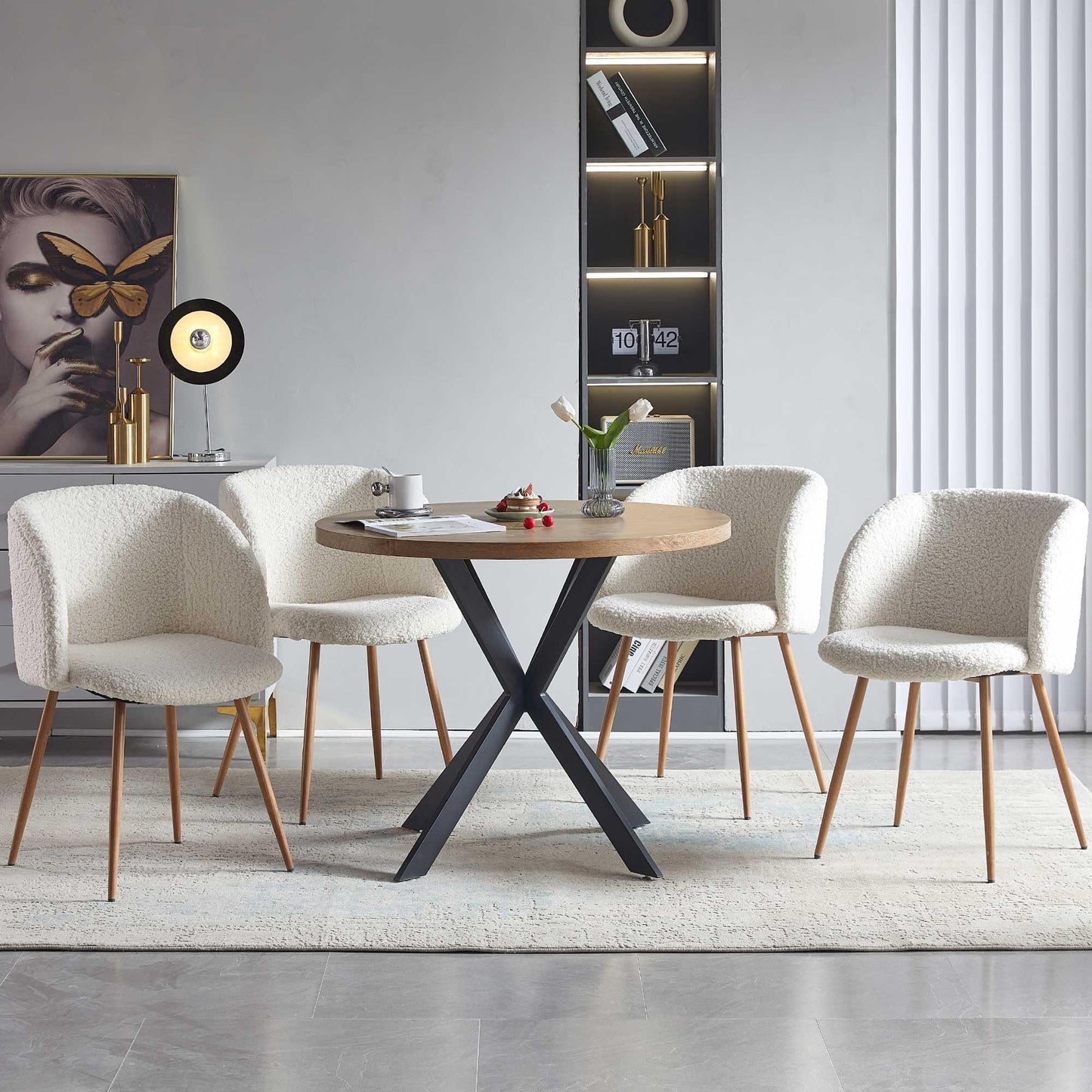 NORDICANA Esstisch mit 4 Stühlen Set, 95cm Runder Esstisch und 4 Kunstfell Loungesessel, Esszimmergruppe mit 4 Essstühlen, für Küche, Büro, Wohnzimmer, Balkon, Restaurant(Tisch+4 Braun Stühle)