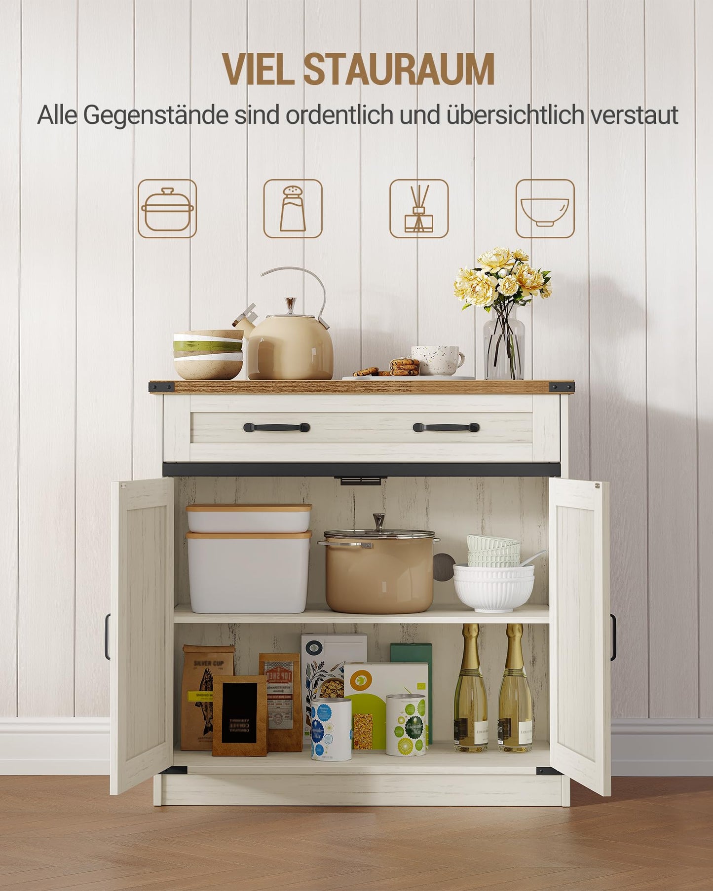 Hzuaneri SC94814X Kitchen Cabinet, Sideboard with 1 Drawer, Storage Cabinet with 2 Doors, Adjustable Shelves, Country House Style, Kitchen, Living Room, 40 x 140 x 80 cm, Vintage Brown/White