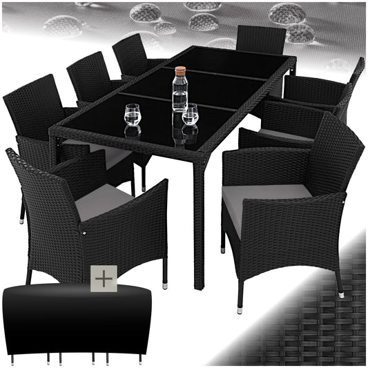 tectake® edles Outdoor Gartenmöbel Set Rattan Sitzgruppe mit Sessel und Tisch für 8 Personen, inkl. Schutzhülle und Polstern, Balkon Möbel wetterfest - Natur/dunkelgrau