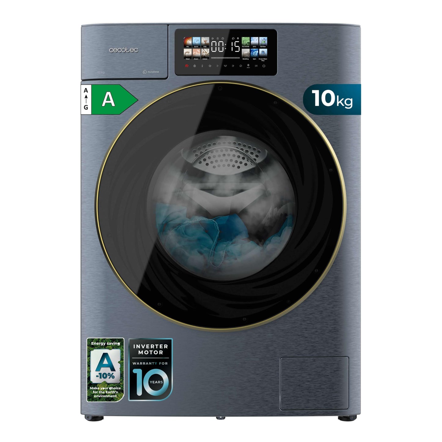 Cecotec Washing Machine 10 kg Front Loader Bolero Dress Code 10950 Car Socket Inverter 3D Steel A. 1400 rpm, Matrix Display 9.2 Inches, 16 Prog, Low Consumption, Inverter Plus Motor, Auto Dosage,