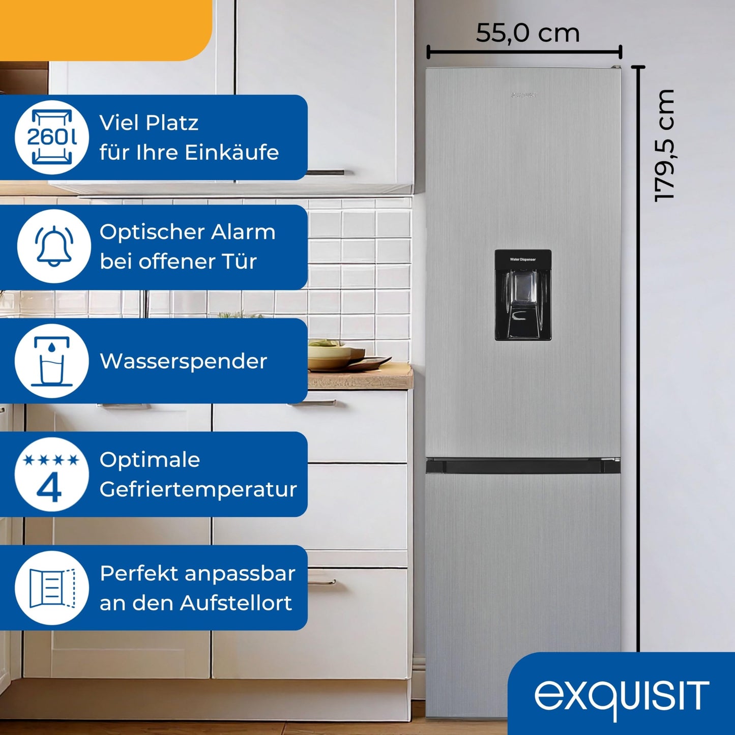 Exquisit Fridge-Freezer, 180 cm Height, Fridge with Freezer, 260 Litres, Water Dispenser, Alarm Function, 4-Star Freezer, KGC5265-70-WS-040D inoxlook-az