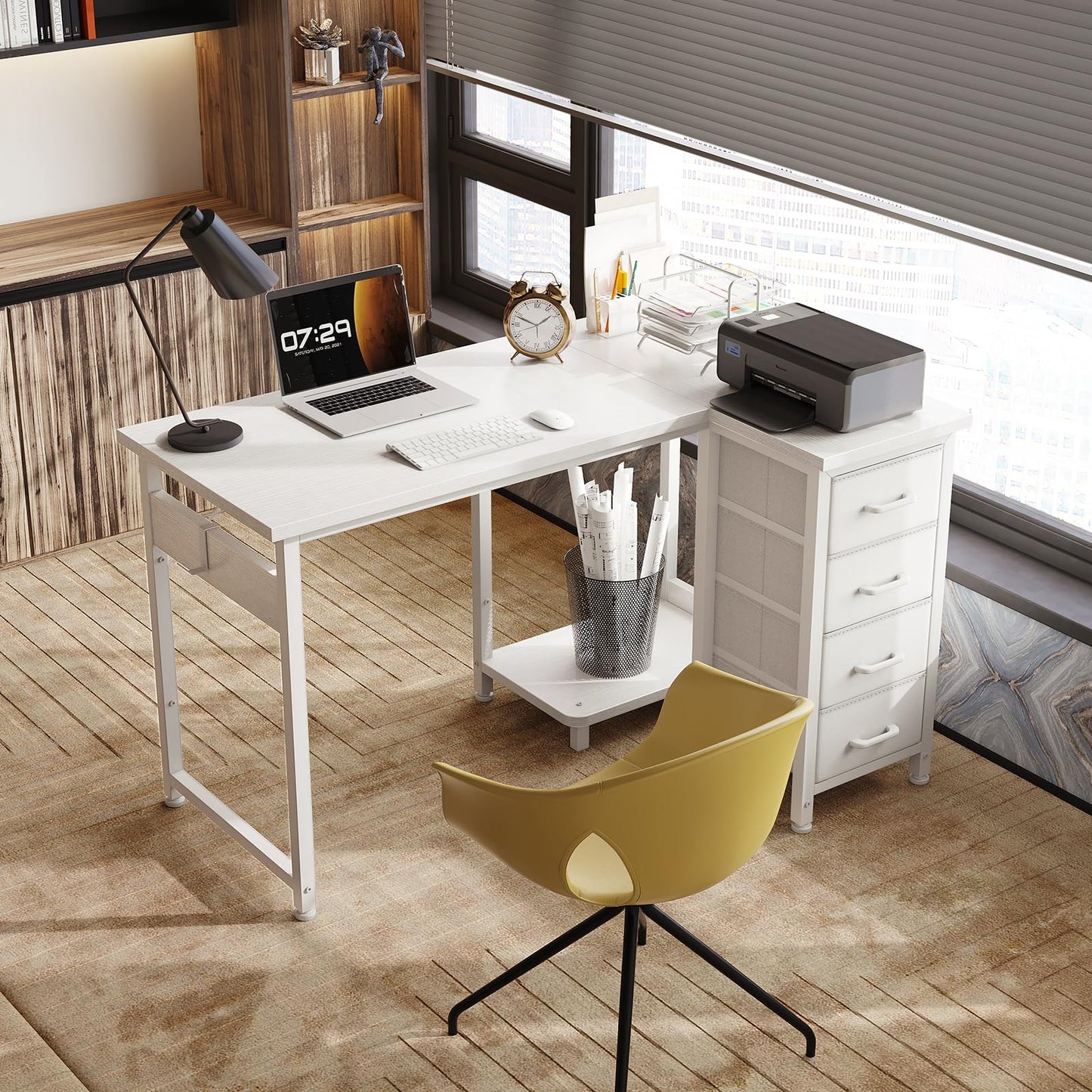 Coleshome Corner Desk, 100 x 70 cm, L Shape Desk with 4 Drawers, Reversible Computer Desk for Office, Study, Bedroom, White