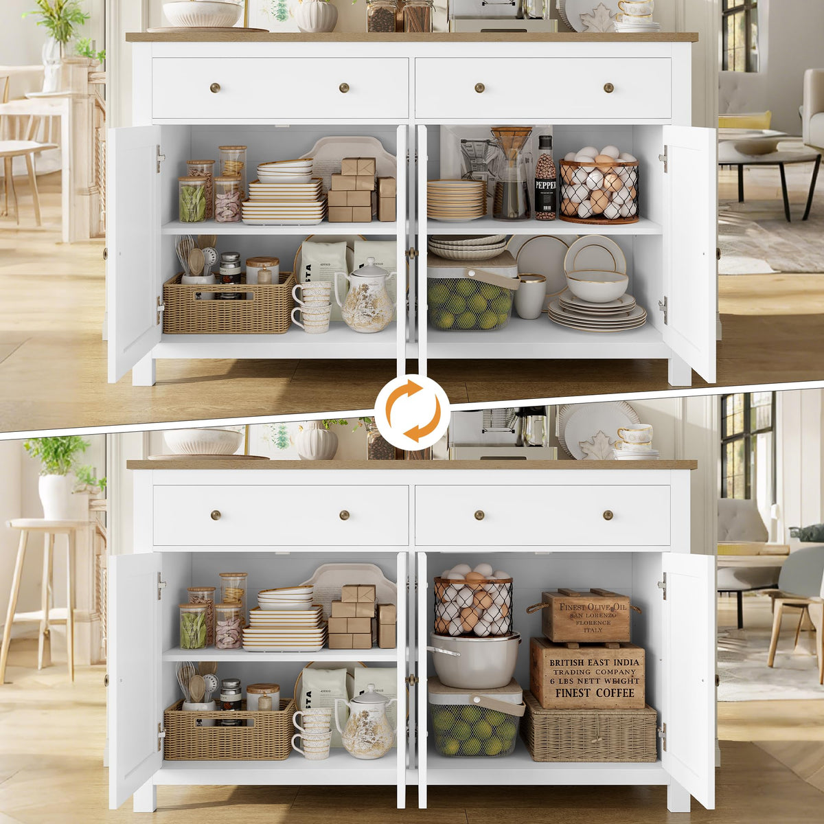 FirFurd Sideboard 140 cm Wide Kitchen Cabinet with Worktop Buffet Cabinet with 2 Drawers 4 Doors Kitchen Buffet with Adjustable Shelves for Living Room Kitchen Dining Room 140 x 40 x 89 cm White