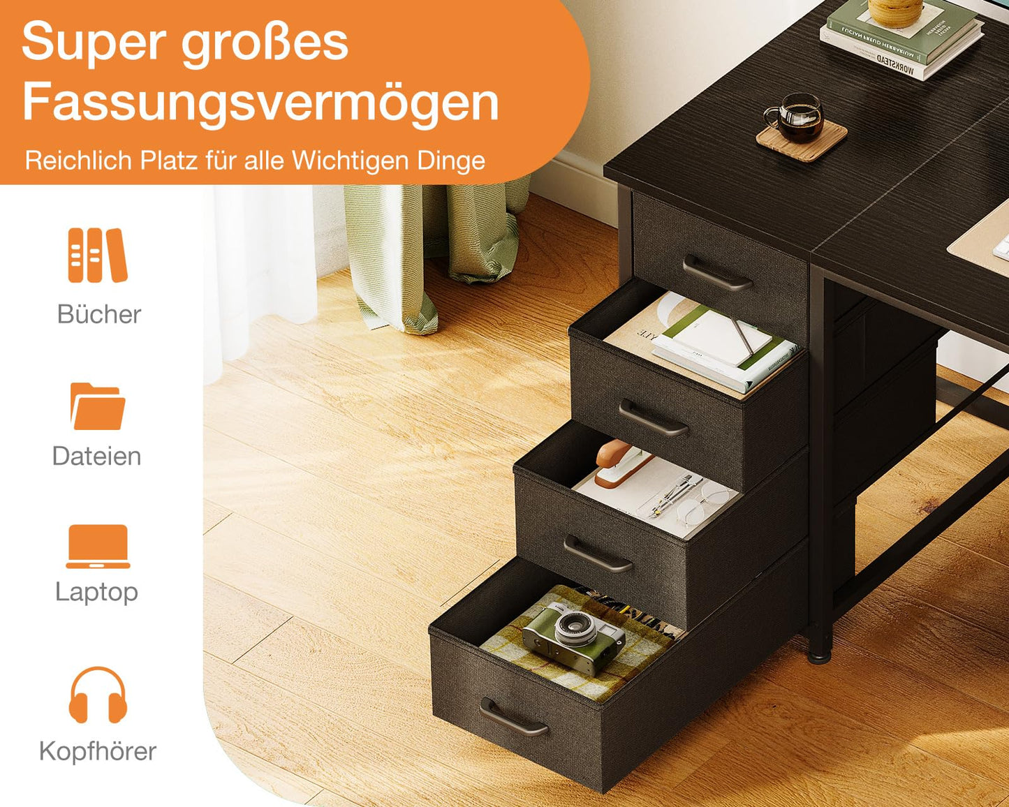 Coleshome Desk with 8 Fabric Drawers, 120 x 48 cm, Desk with Storage Space, Computer Desk with Headphones, Office Table, PC Table, Office Table for Office, Living Room, Home Office, Brown