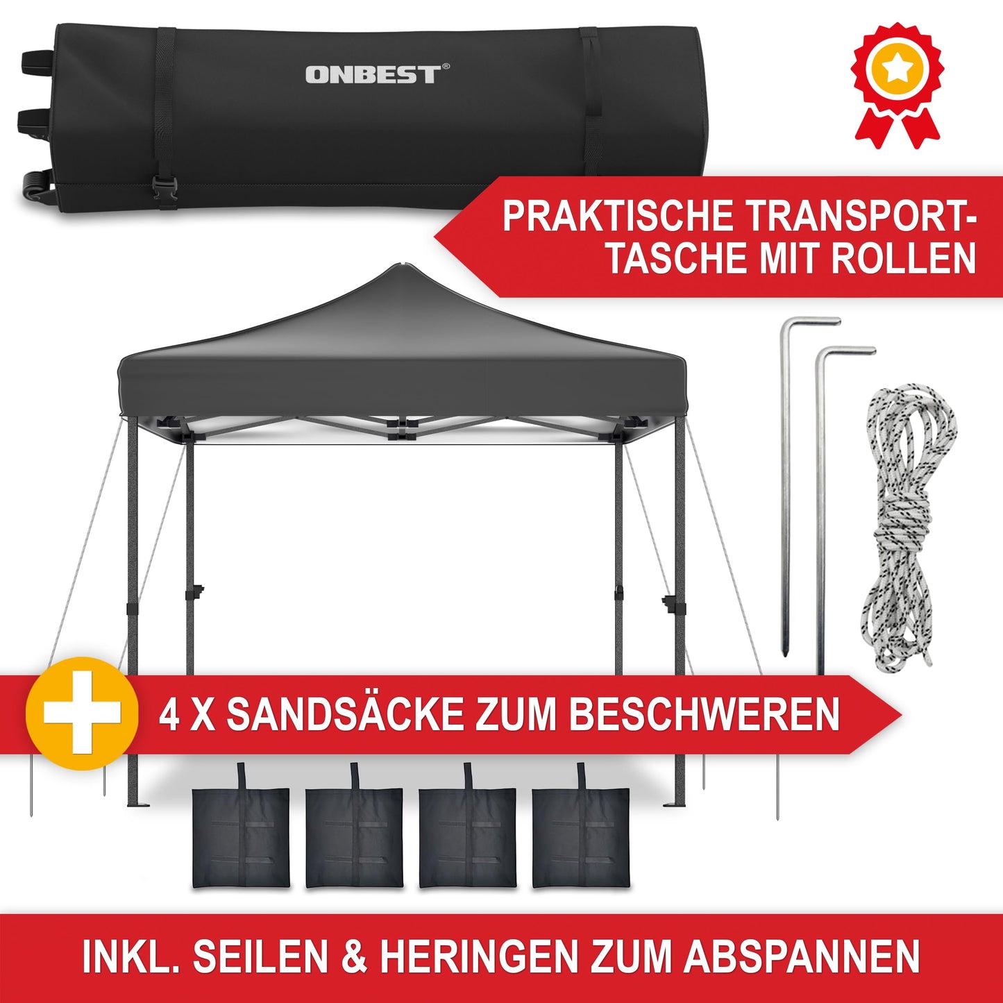 Gazebo - 3 x 3 m - Large Entrance - Waterproof - Pop Up Frame - Side Walls with 3 x 3 Windows - Additional with Bag - Foldable Outdoor Gazebo Folding Gazebo (Grey)