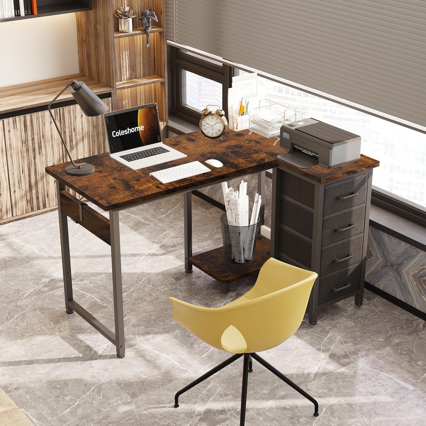 Coleshome Corner Desk, 100 x 70 cm, L Shape Desk with 4 Drawers, Reversible Computer Desk for Office, Study, Bedroom, White