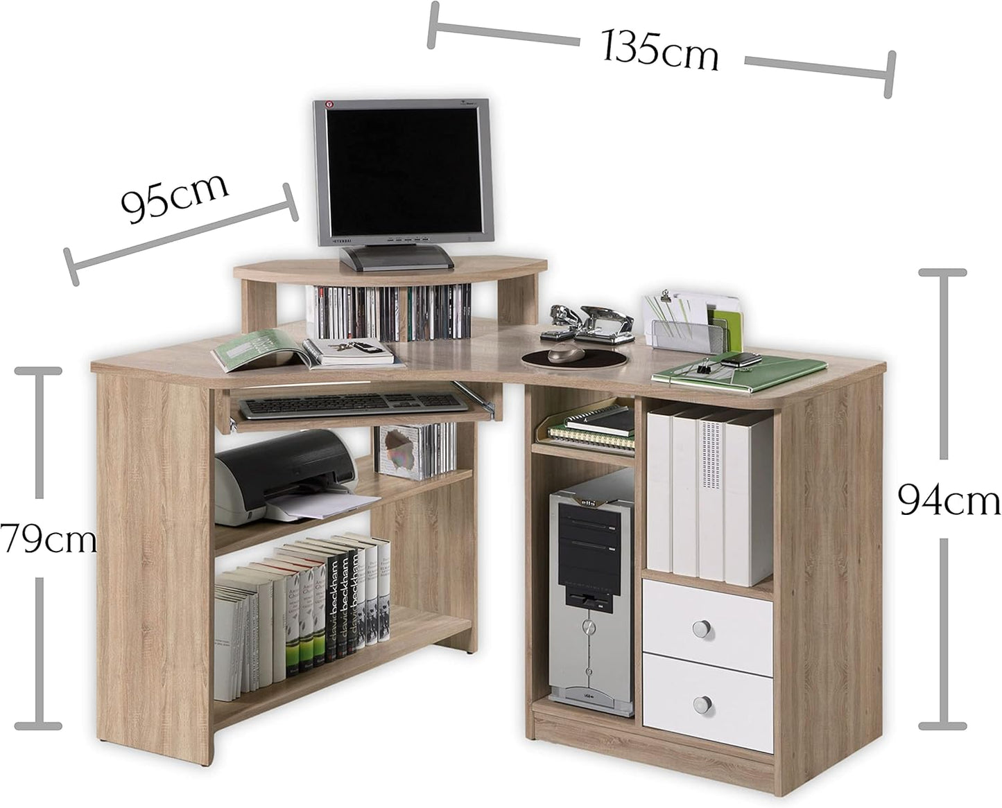 Tango Corner Desk with Keyboard Shelf and Wooden Decoration – Sonoma/White 135 x 94 x 95 cm