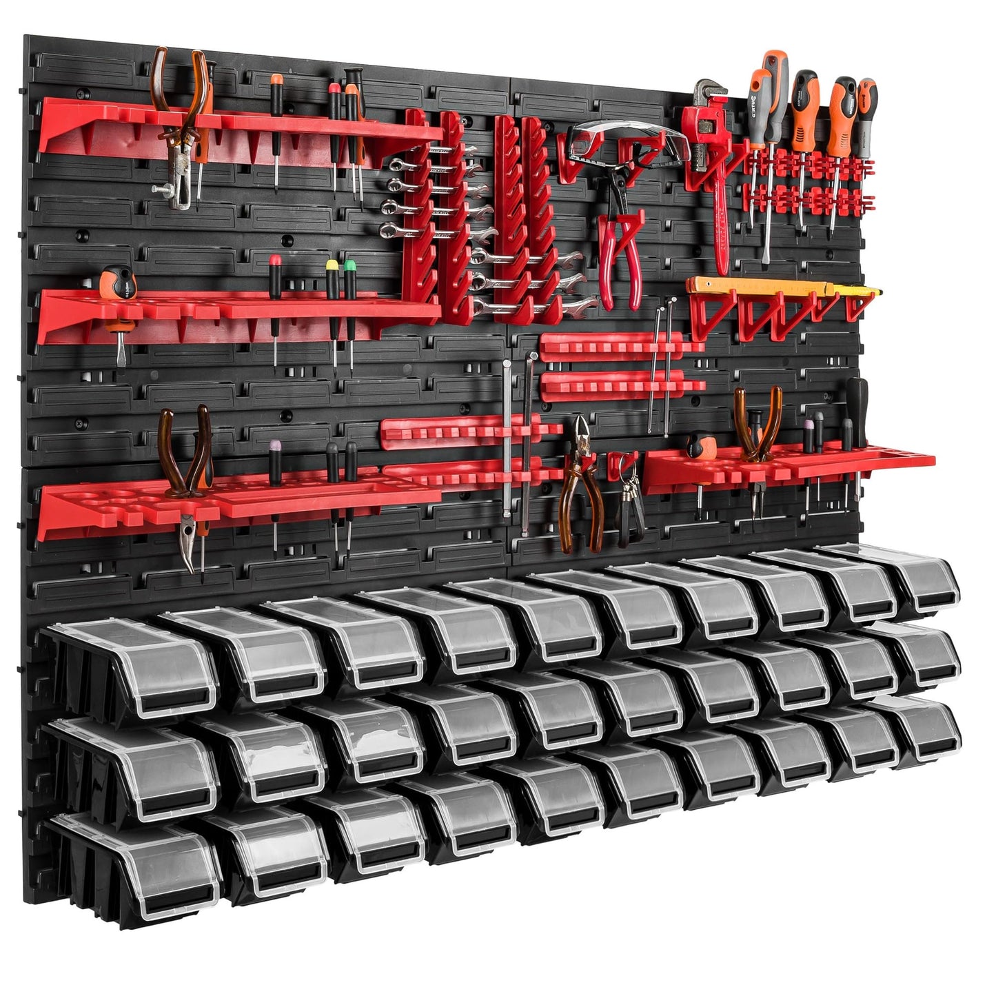 Storage System Wall Shelf 115 x 78 cm, Tool Holders, 23 Pieces Stacking Boxes Storage Boxes Extra Strong Wall Shelves Expandable Workshop Shelving Workshop Shelf
