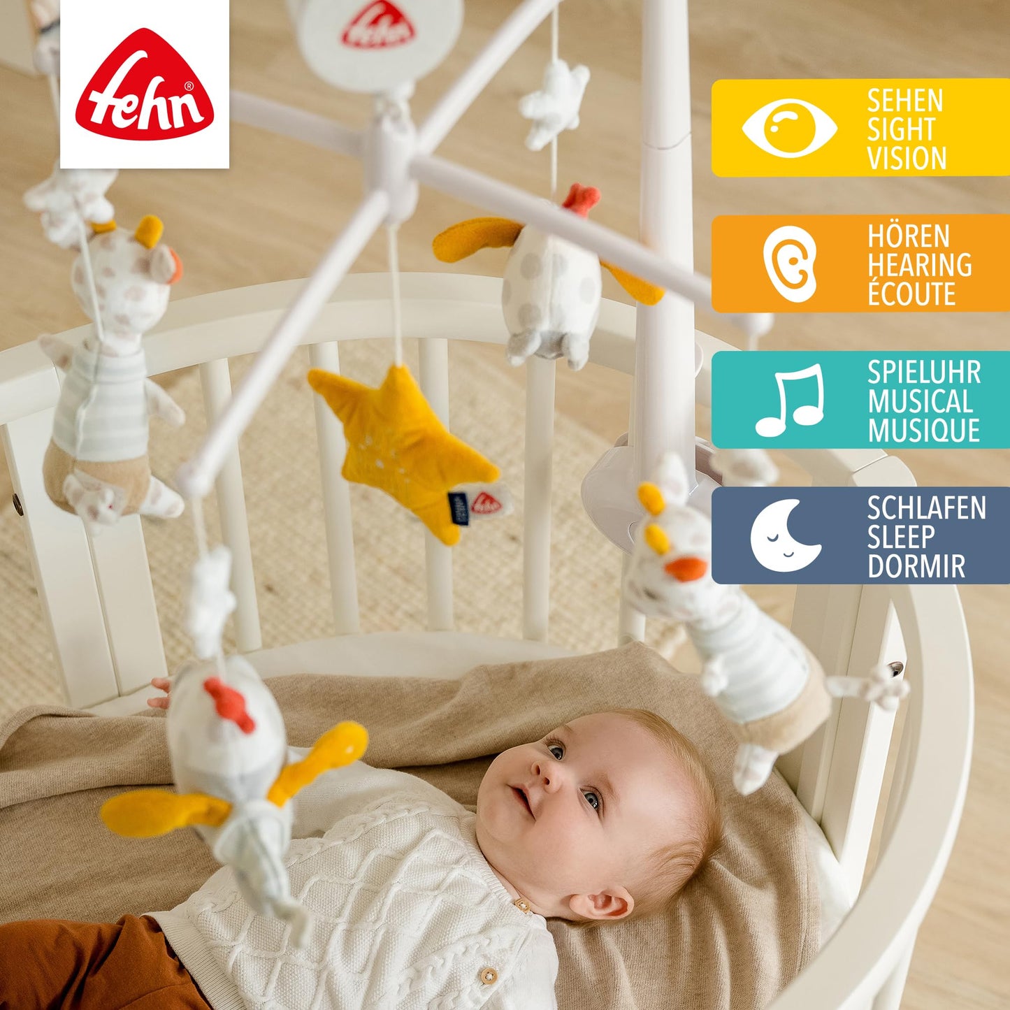 Fehn 053180 Good Night Music Mobile, With Melody "Weißt du wie viel Sternlein stehen" and Cute Figures with "Glow-in-the-Dark" Embroidery, For Babies from 0-5 Months, Size: Diameter 40 cm