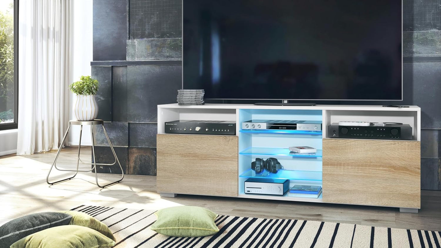 Vladon Granada TV Board Lowboard with 2 Doors and 6 Open Compartments, Matt White Body, Fronts in Sand Grey High Gloss (146 x 54 x 35 cm)