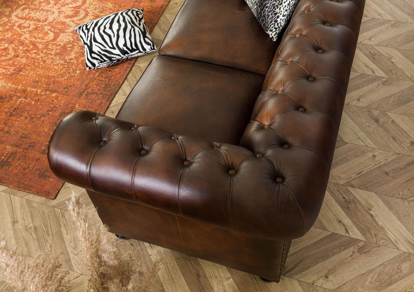 MASSIVMOEBEL24.DE Chesterfield #103 3-Seater Sofa Real Leather 218 x 82 x 76 cm Brown