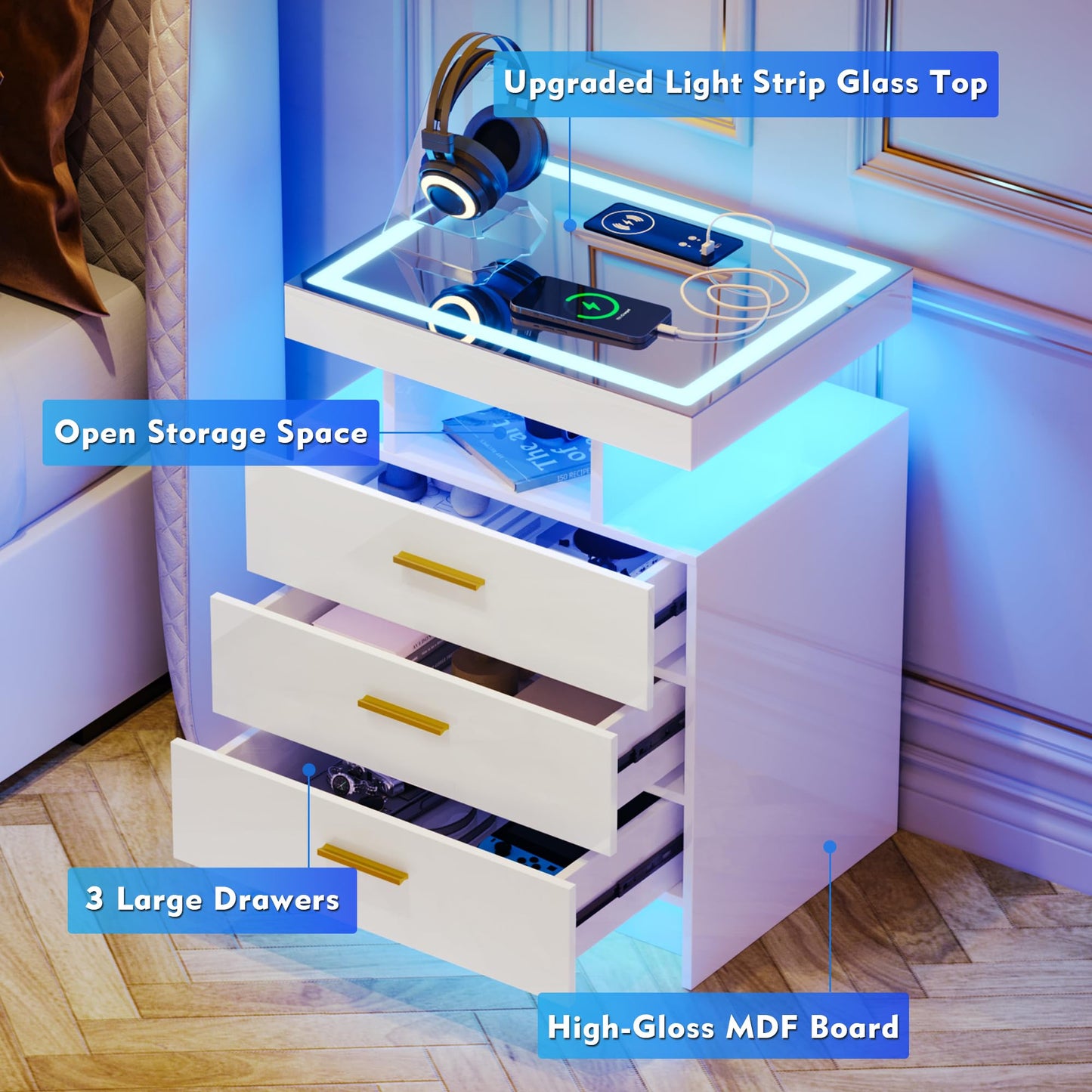 Lvifur LED Bedside Table with Charging Function, Smart Bedside Cabinet with 3 Lights, Dimmable, High Gloss Sideboard with 3 Drawers, USB Type-C Automatic Sensor, Bedroom, White