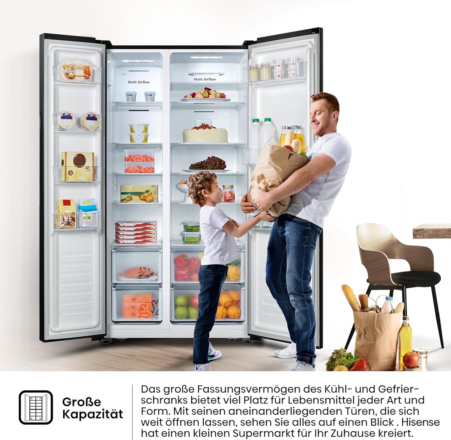 Hisense RS677N4AFC Side by Side Kühl – Gefrier - Kombination,179cm, 519 Liter Gesamtkapazität, EEK: C, LED Beleuchtung, Multi Air Flow, Inverter Kompressor, Touch Display, schwarz