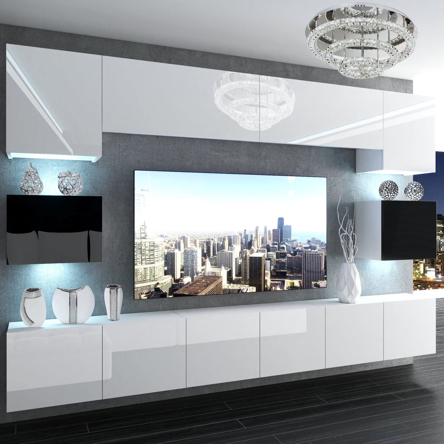 BELINI Living Room Wall Unit Full Equipment Living Room Set Modern Cabinet Wall with LED Lighting TV Cabinet White