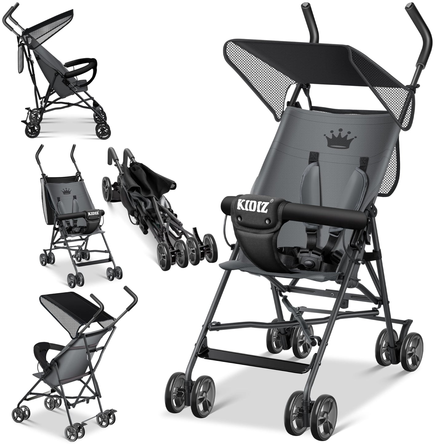 KIDIZ® City Buggy Foldable 360° 4 Inch Wheels Including Sun and Rain Cover Foldable 5-Point Safety Belt from 6 Months Anthracite