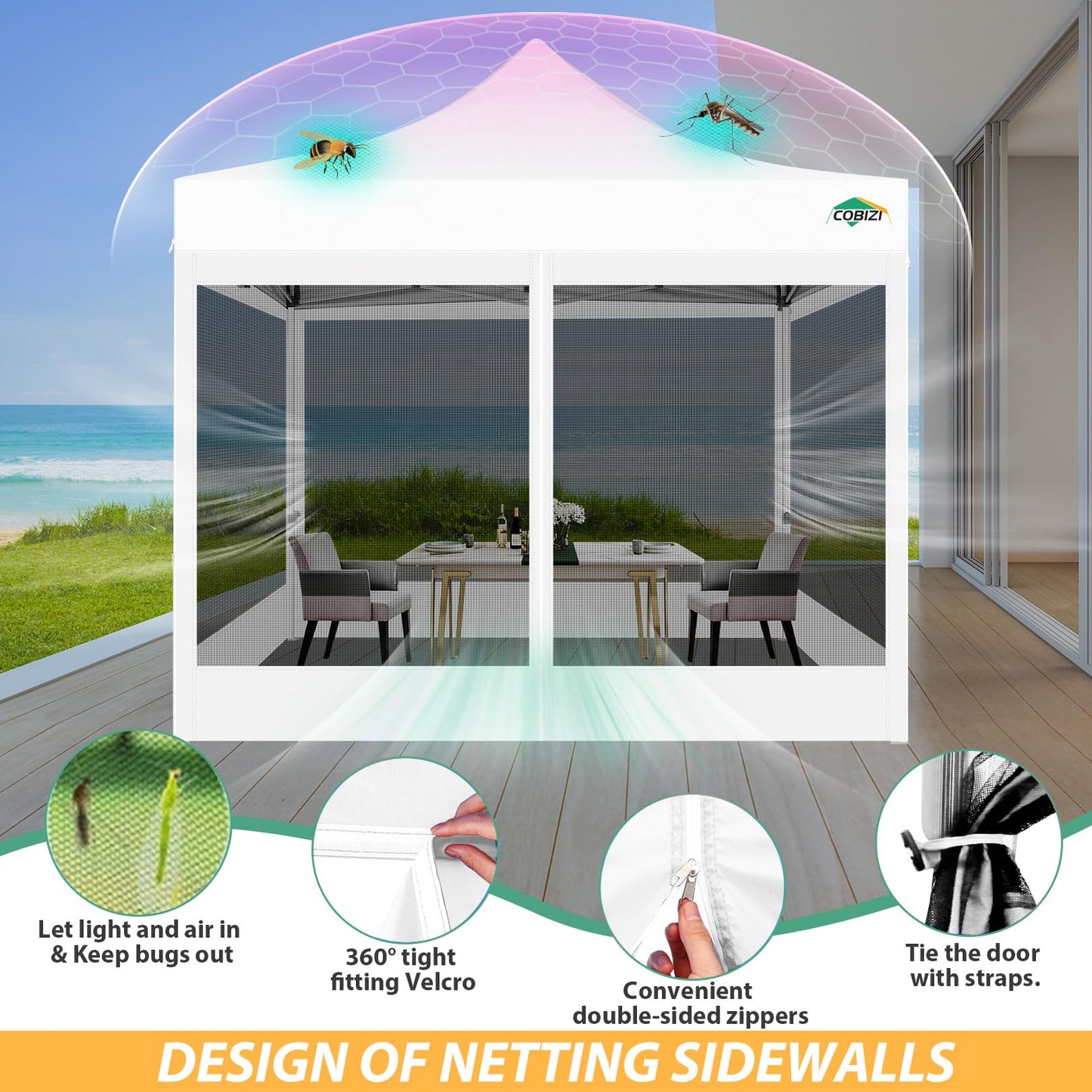 COBIZI Pavillon 3x3 Faltpavillon 3x3 Wasserdicht Stabil, Partyzelt Gartenpavillon UV-Schutz mit 4 Seitenwänden aus Mesh, Schwarz