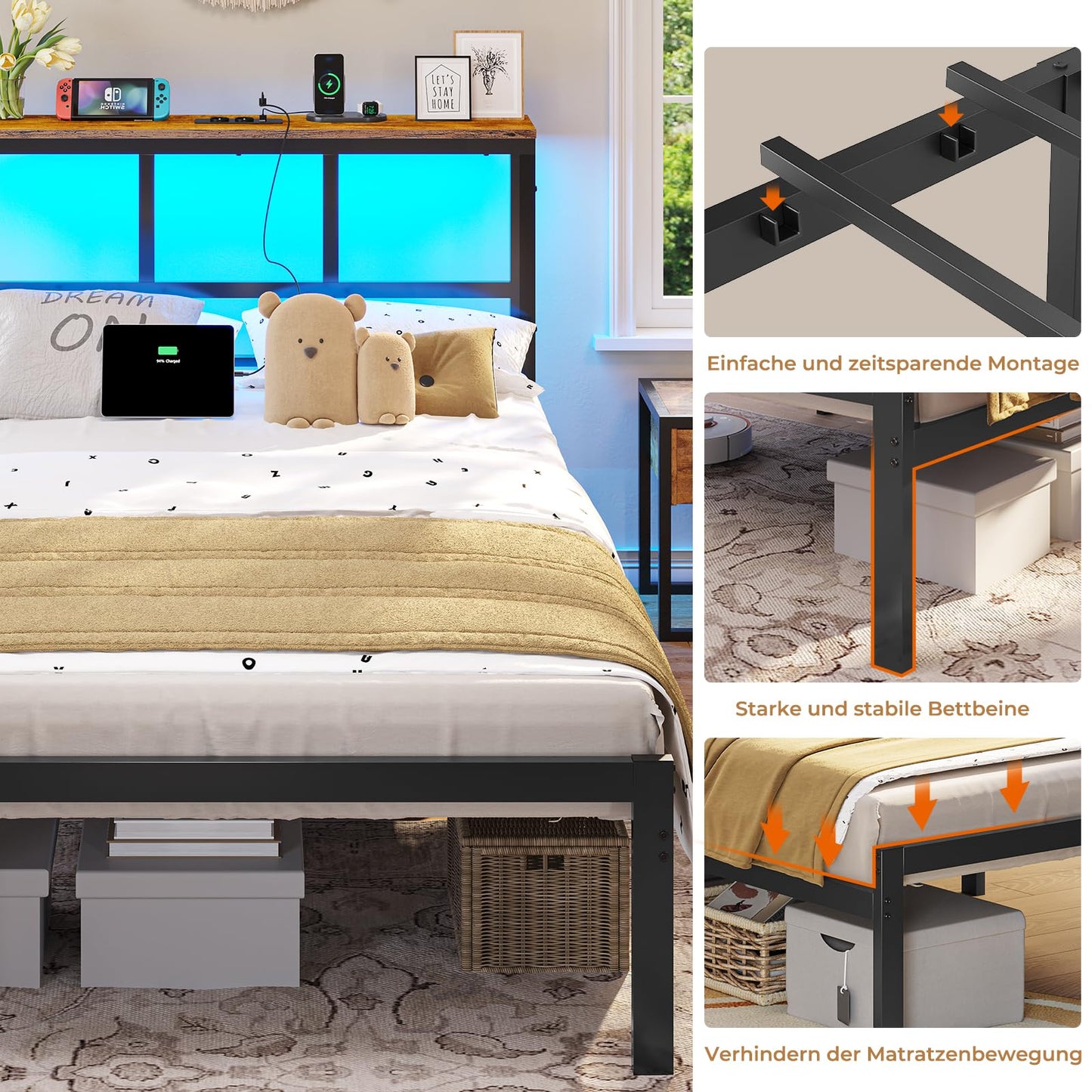 Brinlawb Bed 180 x 200 cm with Metal Slatted Frame