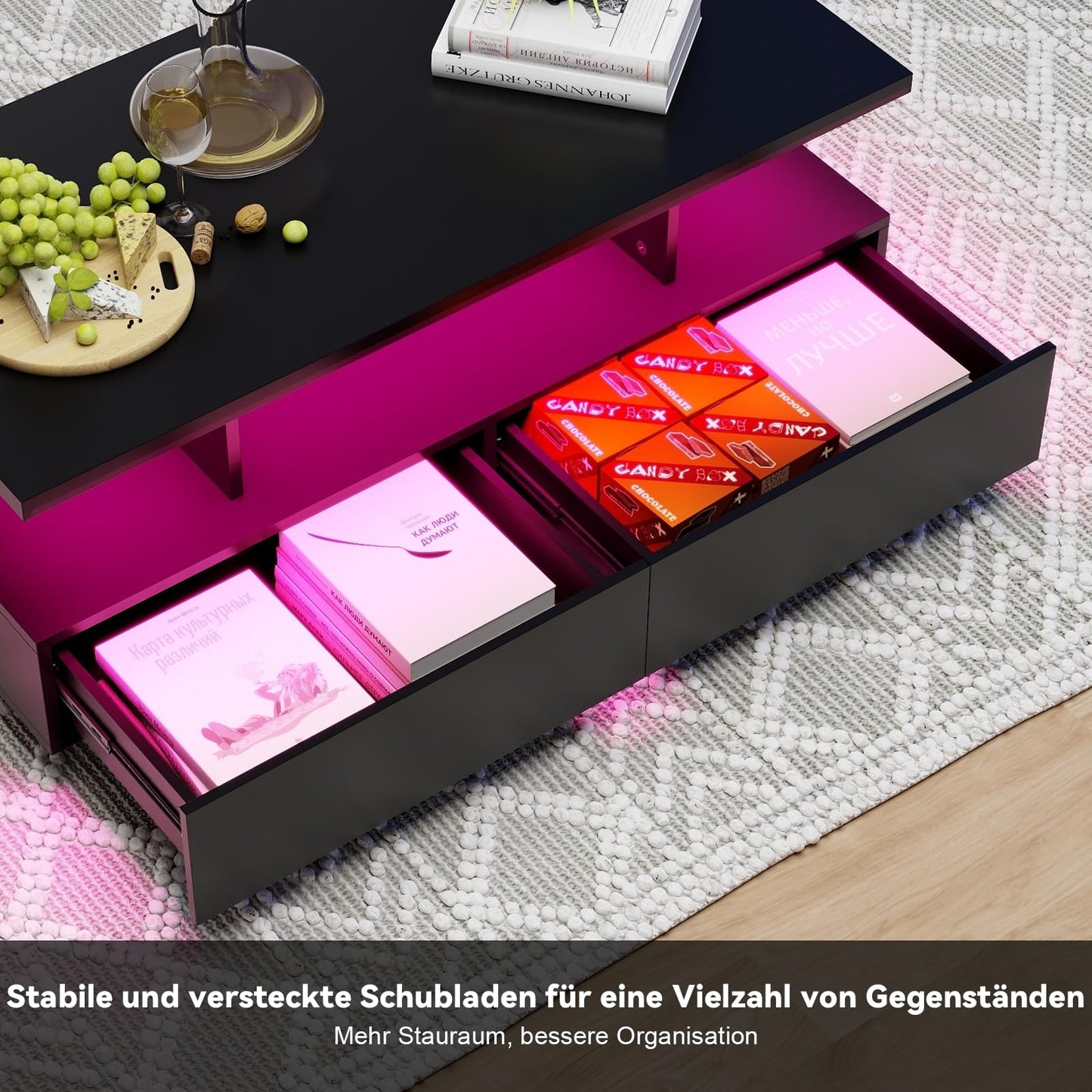 YU YUSING LED Coffee Table, Living Room Table, Coffee Table with 2 Drawers, 2 Shelves, 6000 Coloured LED Lighting, Remote Control, App Control, Side Table with Open, 105 x 50 x 39 cm, Modern White