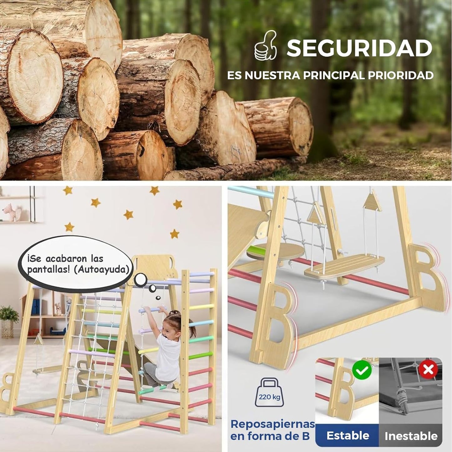 SOFTHOM Indoor Climbing Frame Montessori Climbing Triangle for Children from 1 Year Old, Indoor Playground with Slide, Climbing Net and Swings, 9-in-1 Children's Wooden Climbing Frame