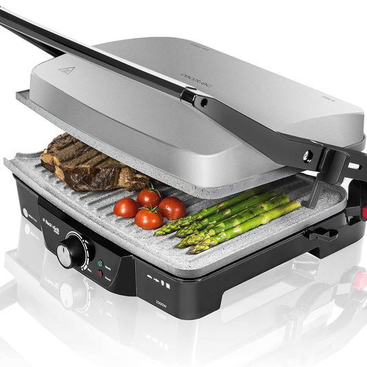 Cecotec Rock'nGrill 2000W Electric Grill, RockStone Coating Temperature Regulator 180o Opening. Floating Top Plate Adaptable in Height. Cold Touch Handle, Steel and Black