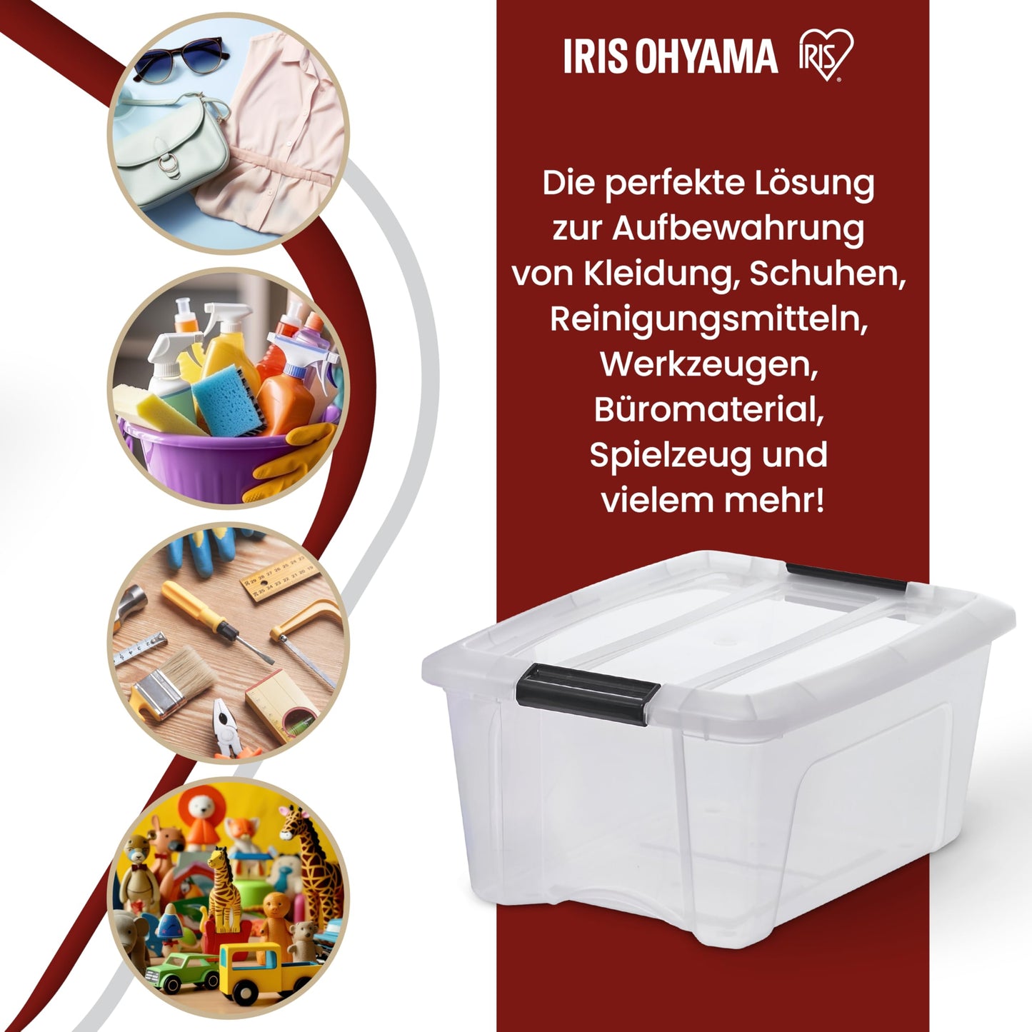 Iris Ohyama Storage Box with Lid, 80L, Set of 4, Transparent, Snap Latches with Handles, Stackable, Strong & Durable, for Clothes, Garage, Home, Office, Plastic Box, Storage TB-84D