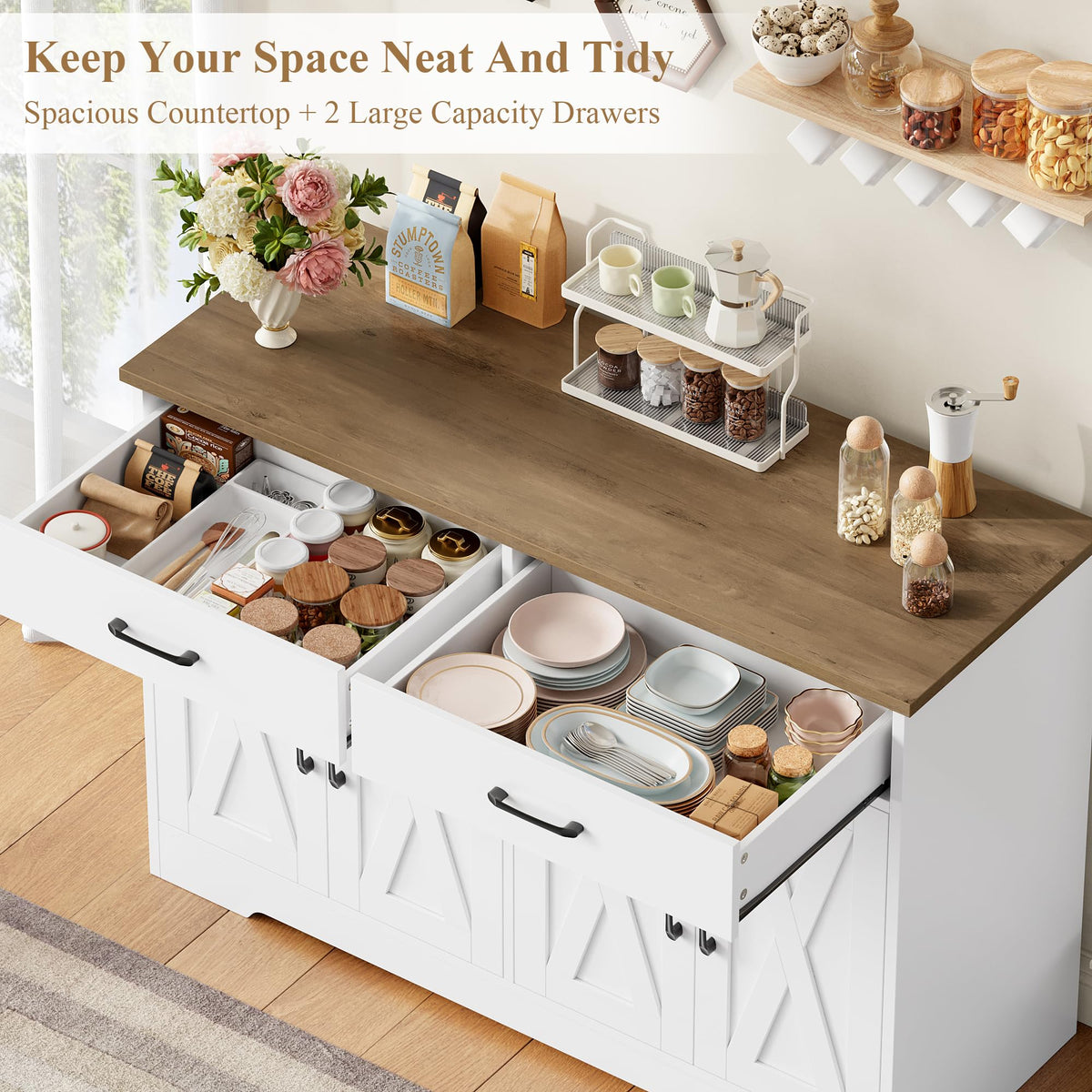 HOCSOK Sideboard, 120 cm Wide Kitchen Cabinet with Worktops, Kitchen Buffet Storage Cabinet with 2 Drawers and 4 Doors, Living Room, Kitchen, Hallway, White & Brown