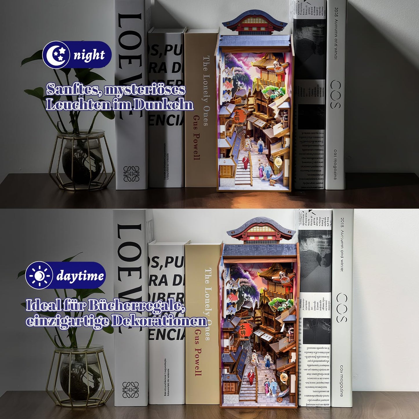 Book Nook Japan, Sakura Straße Booknook Japanischer Kit, 293PCS DIY Miniature House mit Licht, 3D Puzzle für Erwachsene und Heranwachsende, Japanische Deko Holzpuzzle Erwachsene Bücherregaldekoration