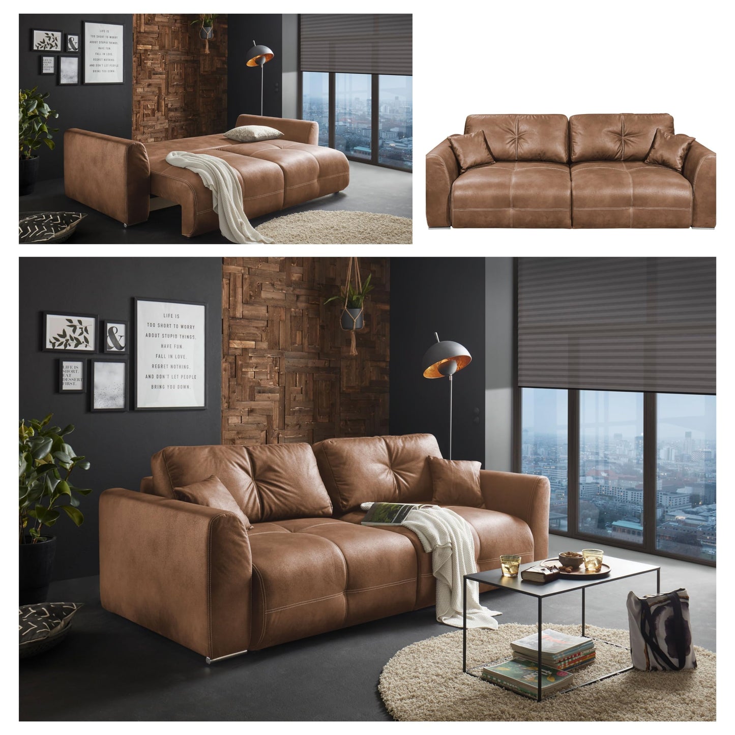 Dolan Comfortable Sofa Bed in Leather Look with Bed Box, Light Brown, Extendable Sofa with Sleep Function, 245 x 85 x 115 cm (W x H x D)