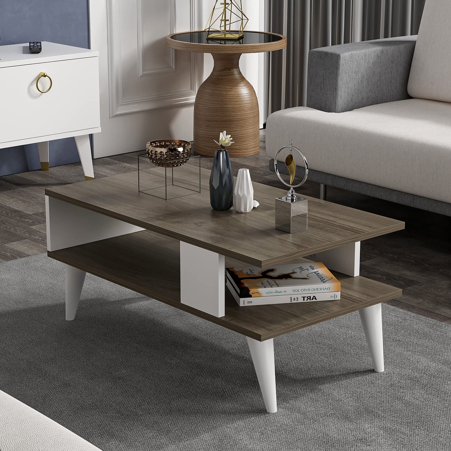 [en.casa] Lycksele Coffee Table Living Room Table with Storage Space Rectangular Black Marble Look White with Lower Shelf Sofa Table