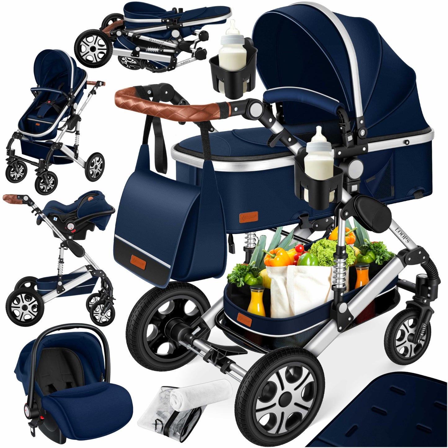 Kesser® Loops 3-in-1 Combination Pram, Complete Set Including Baby Tub & Buggy Sports Seat & Baby Car Seat, Full Rubber Tyres, Changing Bag / Rain Cover / Children's Table Set