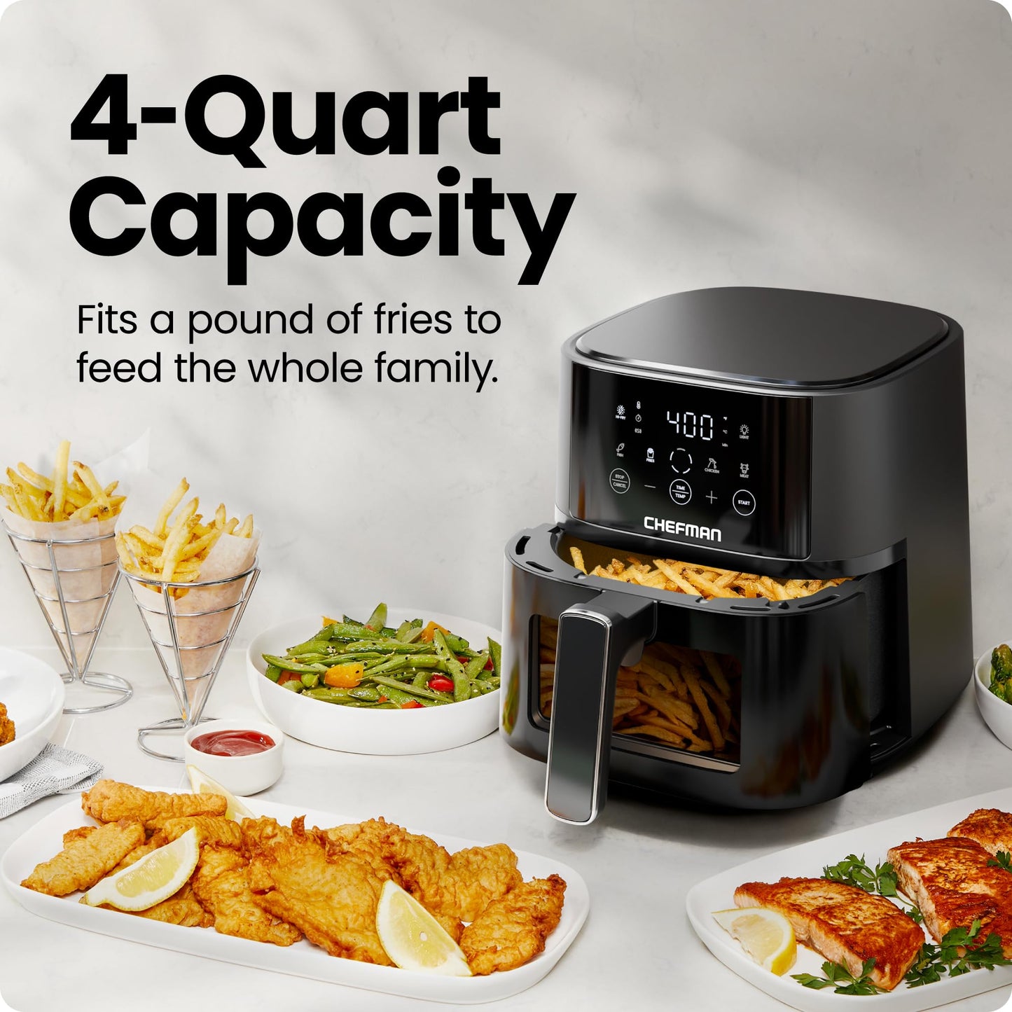 Chefman Hot Air Fryer - 3.75 L Compact Hot Air Fryer for Quick Meals, with Hi-Fry Technology, Viewing Window, Touch Controls, Non-Stick and Dishwasher Safe - Black