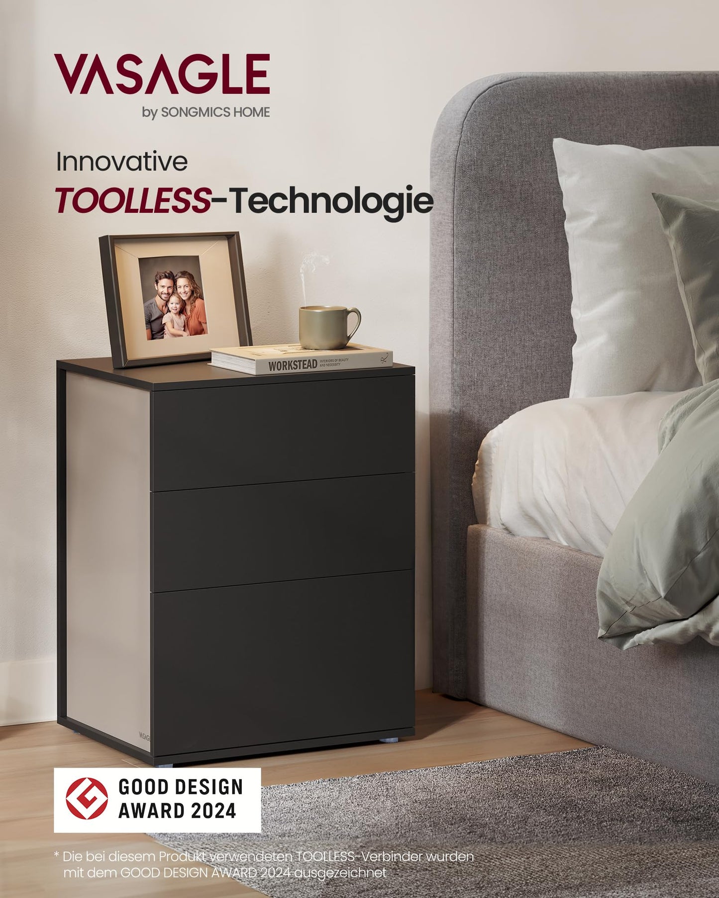 VASAGLE Bedside Table Set of 2, Toolless Technology, Super Fast Tool-Free Assembly, Side Table 3 Drawers, Bedside Cabinet, Bedroom, Living Room, Ink Black/Cappuccino Beige LET779B01