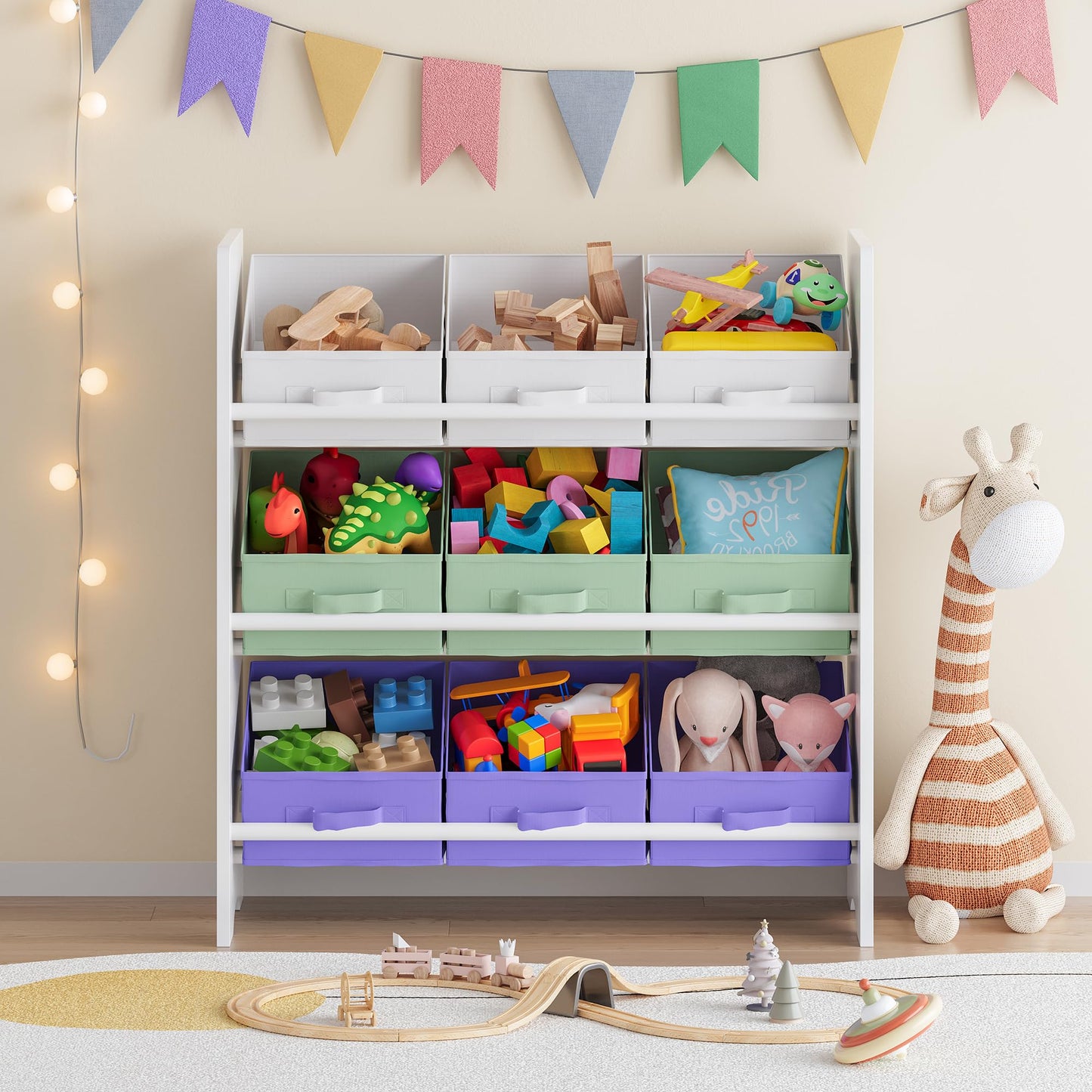 [en.casa] Boiro Children's Shelf, 60 x 62 x 30 cm, Standing with 9 Folding Boxes, Toy Storage Shelf, Ocean Motif