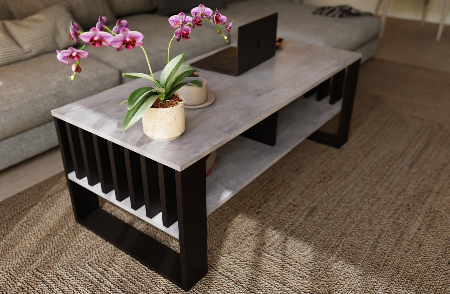 Meble Pitus Coffee Table White - Modern Living Room Table 90 x 50 x 50 cm with Storage Space & Slat Design