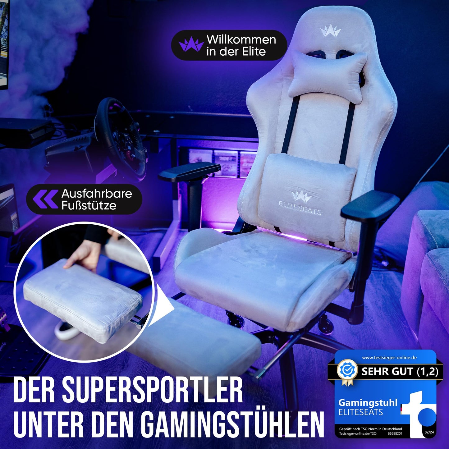 ELITESEATS Ergonomic Gaming Chair [Test Winner] Scratch-Free Wheels Breathable 4D Armrests with Footrest Ergonomic Gaming Chair Fabric 150 kg Load Capacity Gaming Chair Gaming Chair