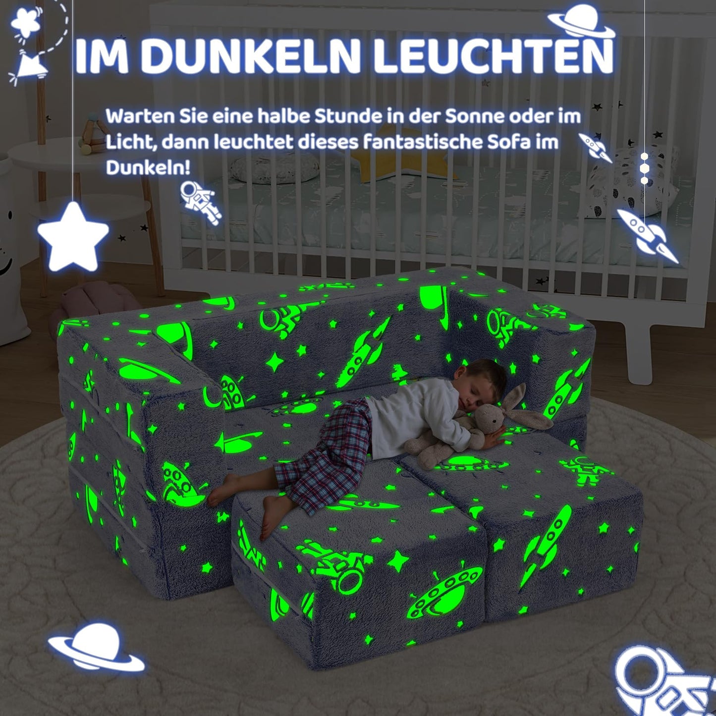 Children's Sofa Fold-Out 2-in-1 Toddler Sofa Bed, Children's Chair with Sleep Function, Mini Couch for Cuddly Corner Children's Room, Fancy Play Sofa for Girls and Boys, Glow in the Dark (Purple)
