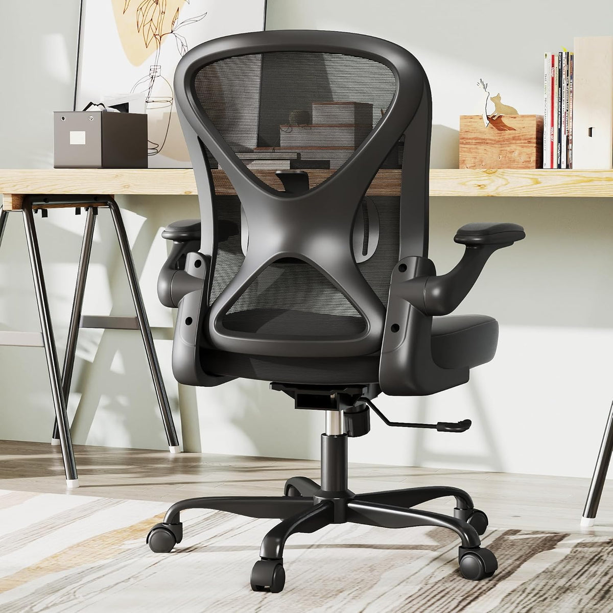 ZZH Ergonomic Desk Chair, Mesh Office Chair with Adjustable Lumbar Support & Folding Armrests, Breathable Computer Chair for Home Office with 360° Rotation & Height Adjustment, Black