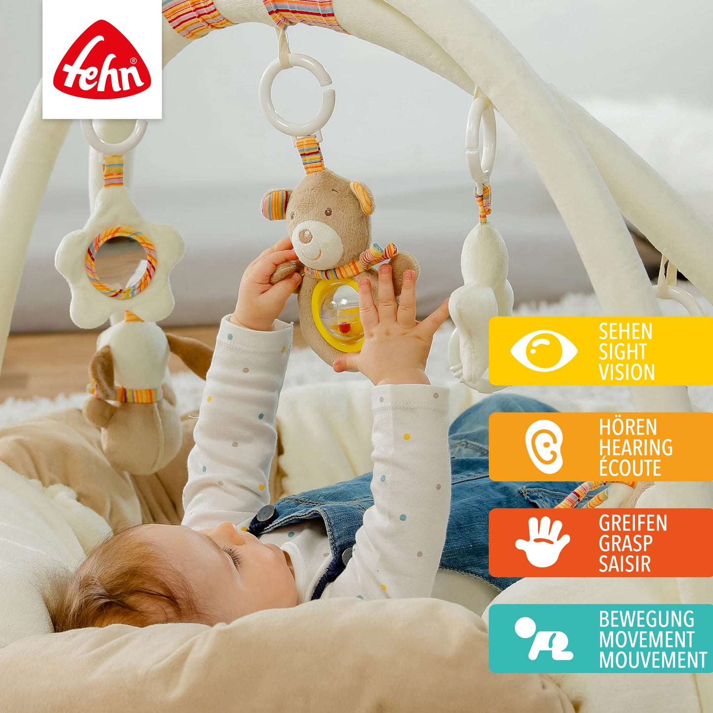 Fehn 071184 3-D-Activity-Nest Owl, Particularly Soft Play Arch with 5 Removable Play Toys for Babies, Play and Fun from Birth, Dimensions: Diameter 85 cm Rainbow rainbow