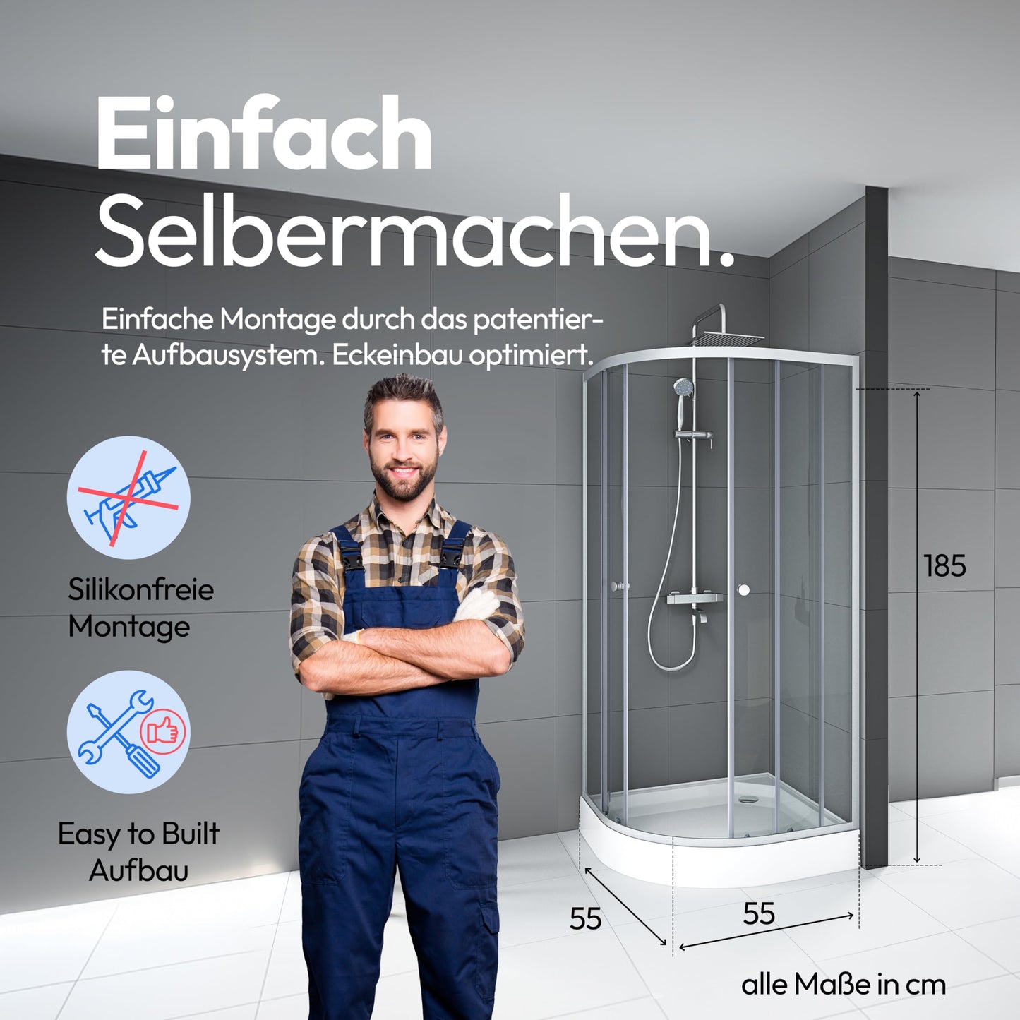 MARWELL Shower Cubicle Crystal Round Shower Complete Set Radius 55 cm and 4 mm Thick Tempered Safety Glass, Glass Shower with Aluminium Profiles in Silver Satin Matt