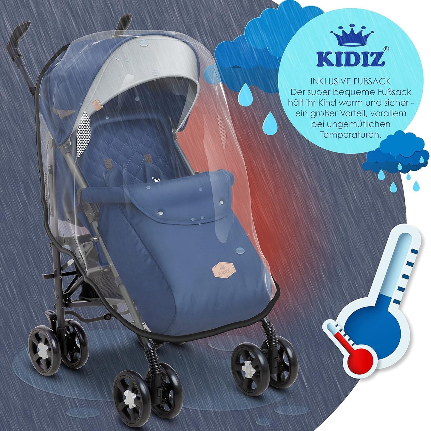 KIDIZ® City-Pro Pushchair Folding Pushchair Pushchair Sports Pushchair Foldable 360° 6 Inch Wheels Includes Mosquito Net, Footmuff and Rain Cover Foldable Sleep Function Blue