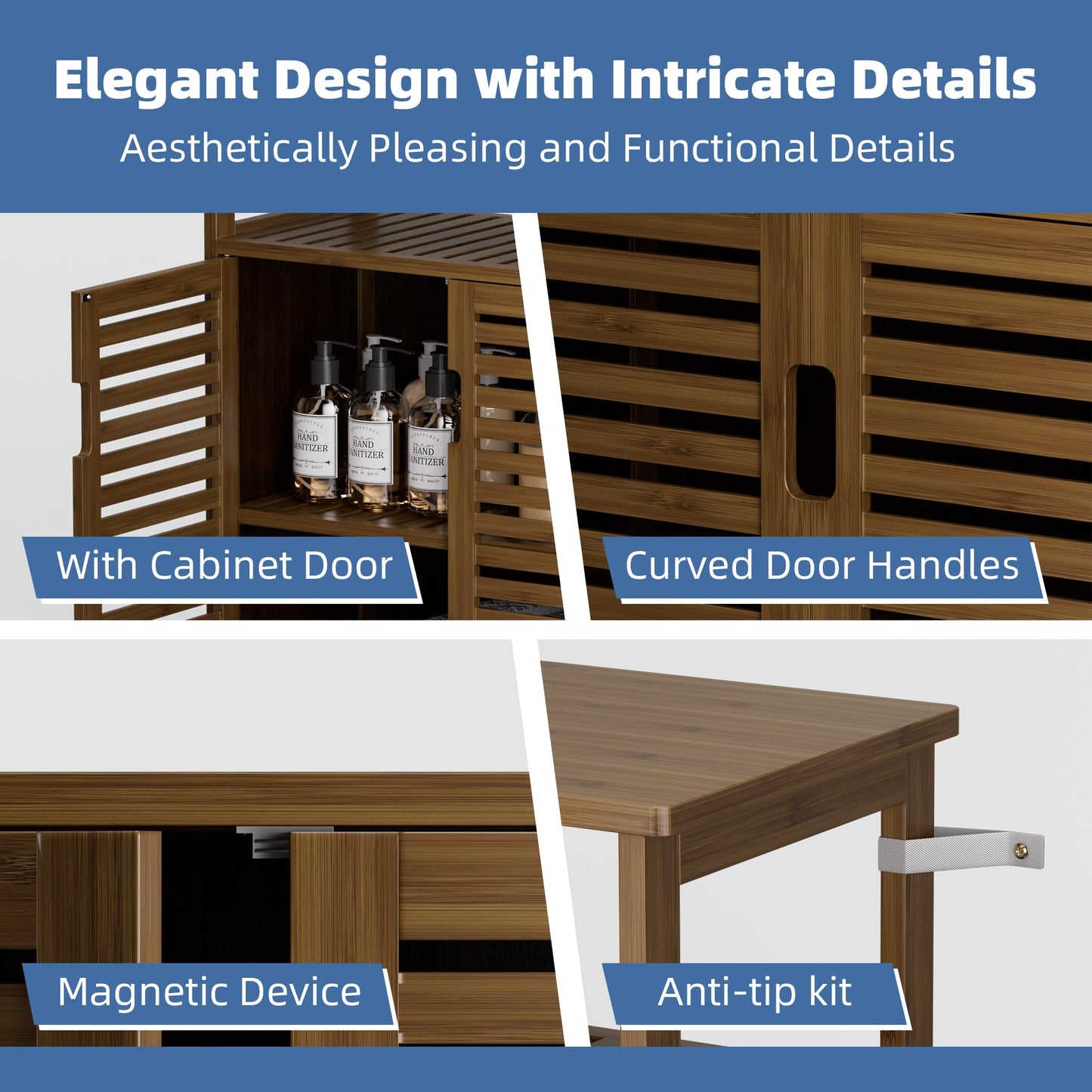 HITNET Bathroom Cabinet Bamboo Black Bathroom Cabinet with 2 Doors Freestanding Cabinet for Bathroom, Living Room and Bedroom