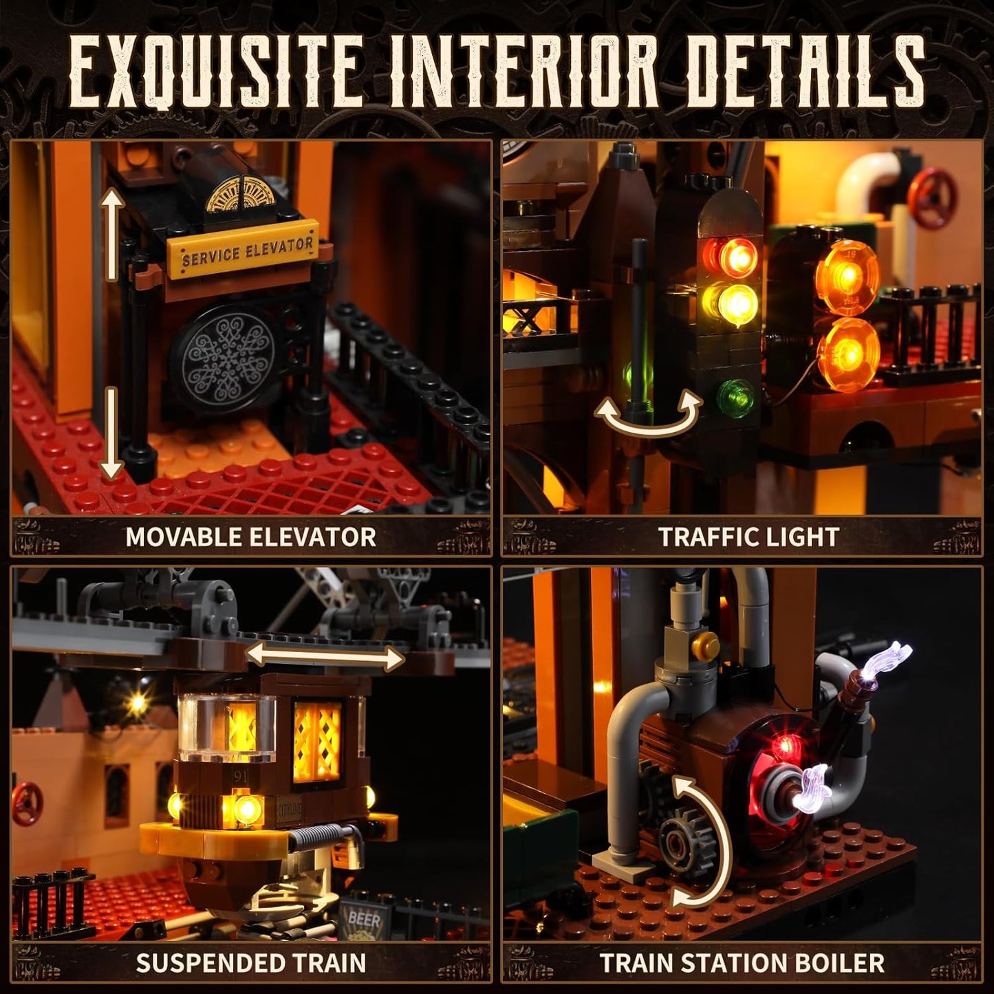 FUNWHOLE Railway Station Lighting Building Blocks Set - 1917 Pieces LED Lighting Modular Construction Model Set for Adults and Teenagers