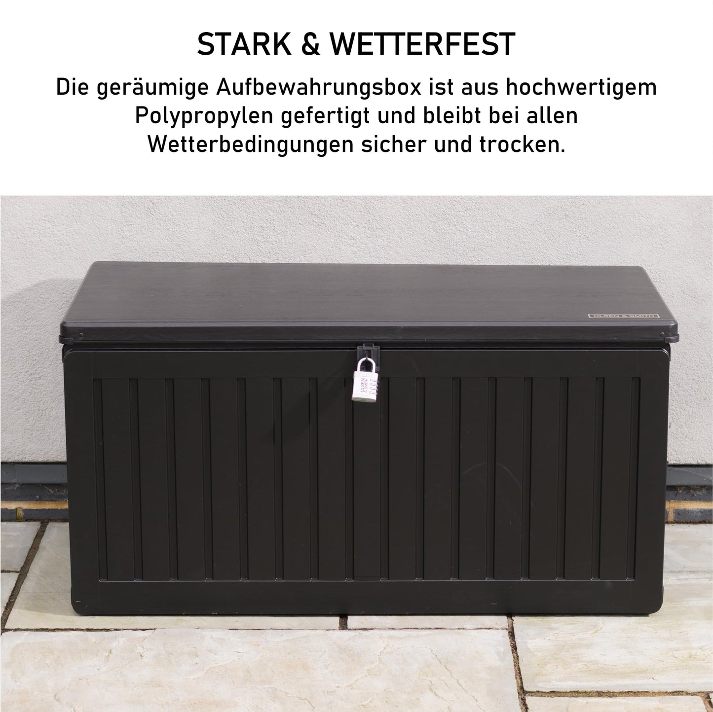 Olsen & Smith 270L Large Capacity Outdoor Garden Storage Box with Padlock Plastic Shed - Weatherproof and Stand Up with Wood Effect Chest (270L, Black)