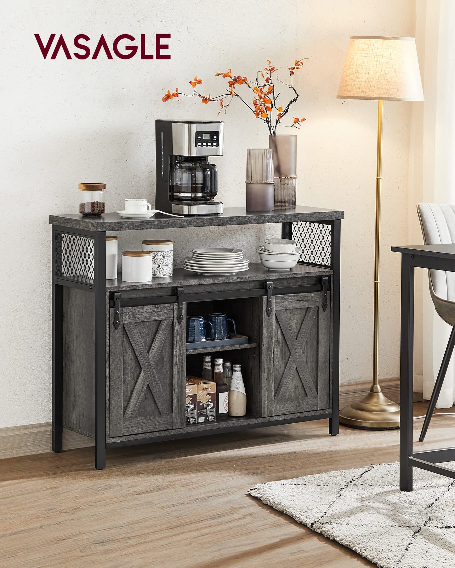 VASAGLE Sideboard, Kitchen Cabinet, Storage Cabinet with 2 Sliding Doors, 33 x 100 x 80 cm, Adjustable Shelves, Country Style for Living Room, Natural-Black LSC092B50